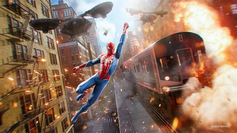 Spider-Man swinging through New York ahead of a speeding, on fire elevated train car as a flying drone shoots around.