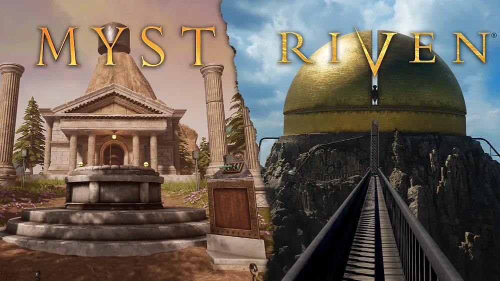 Dual image showing artwork and titles for Myst and Riven.