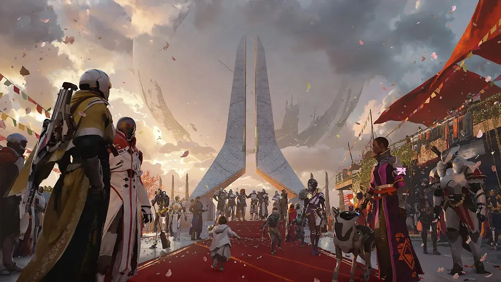 Art showing a bunch of Destiny 2 guardians and characters from its history all celebrating in the game's social hub, the Tower.