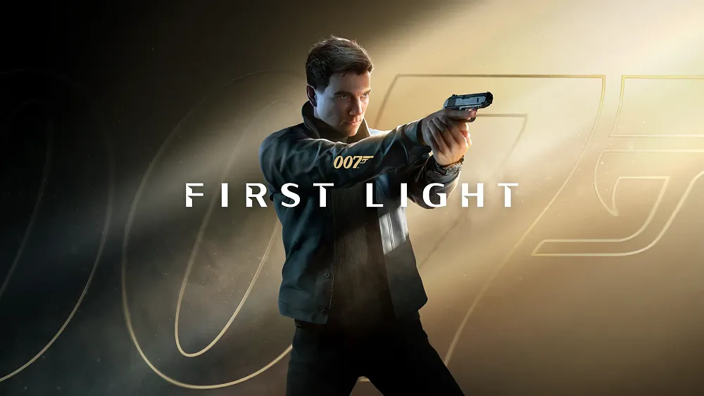 A young James Bond taking aim to the right of the screen. The title, 007 First Light, is shown.