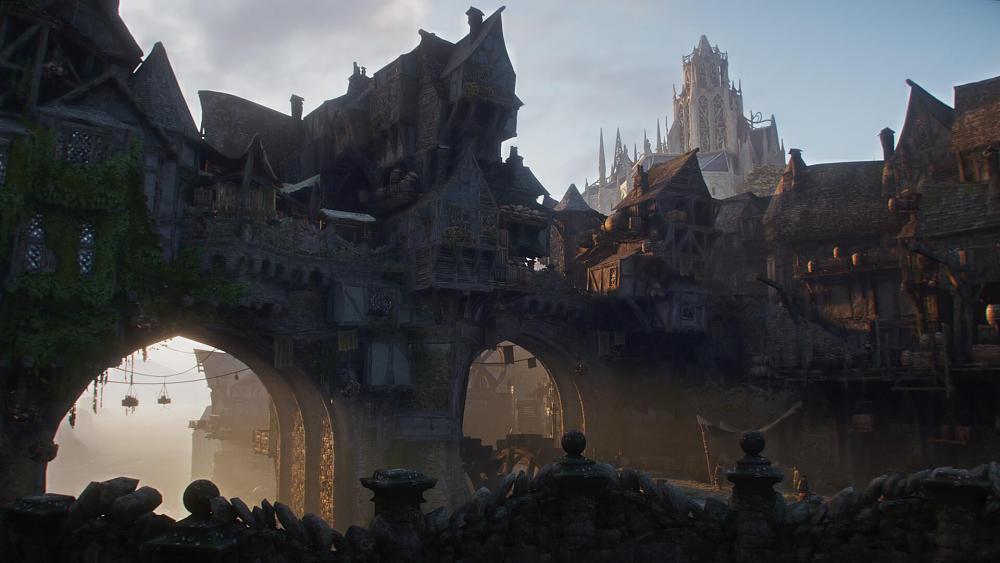 A town with elevated and abstract style architecture in a medieval fantasy setting.