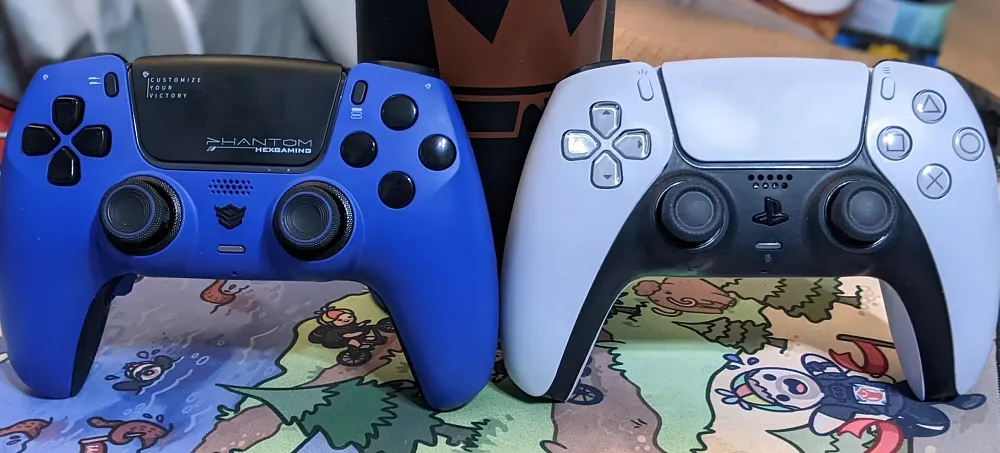 Photo of the HexGaming Phantom next to the original DualSense controller.