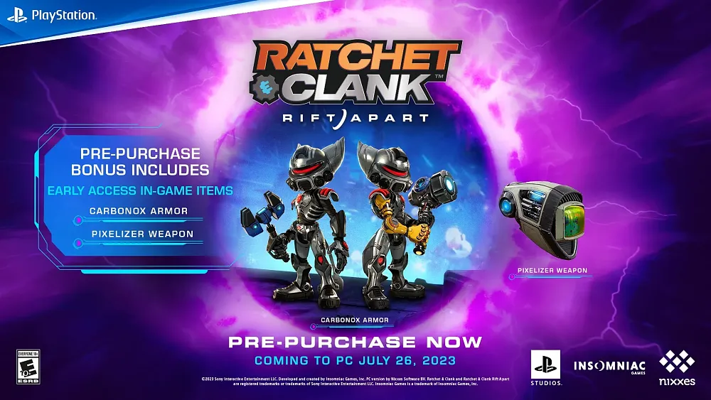 Pre-purchase bonus items for Ratchet & Clank: Rift Apart for PC.
