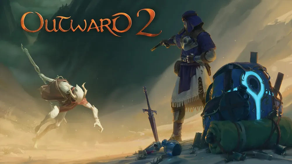 A lone traveler in blue robes stands in a desert landscape next to a glowing backpack and a sword stuck in the sand, aiming a pistol at a pale, skeletal creature with the "Outward 2" logo displayed above.