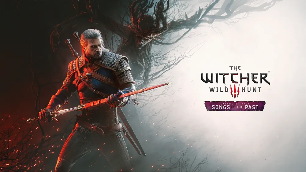 Key artwork for Songs of the Past expansion that is coming to The Witcher 3. The image shows the white haired Geralt of Rivia unsheathing his sword as an evil tree/ent figure approaches from behind.