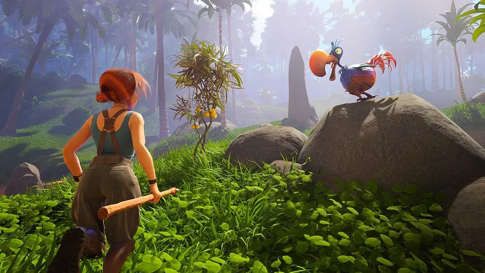 A character holding a spear approaching a cartoony looking Dodo bird.