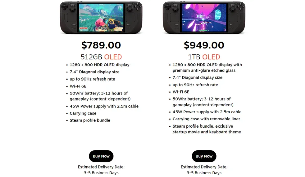 New prices for the 512GB and 1TB OLED models of Steam Deck, showing increases prices of $789 and $949 respectively.