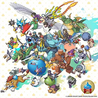 Art showcasing a myriad of characters and creatures from the 40 year history of Dragon Quest.