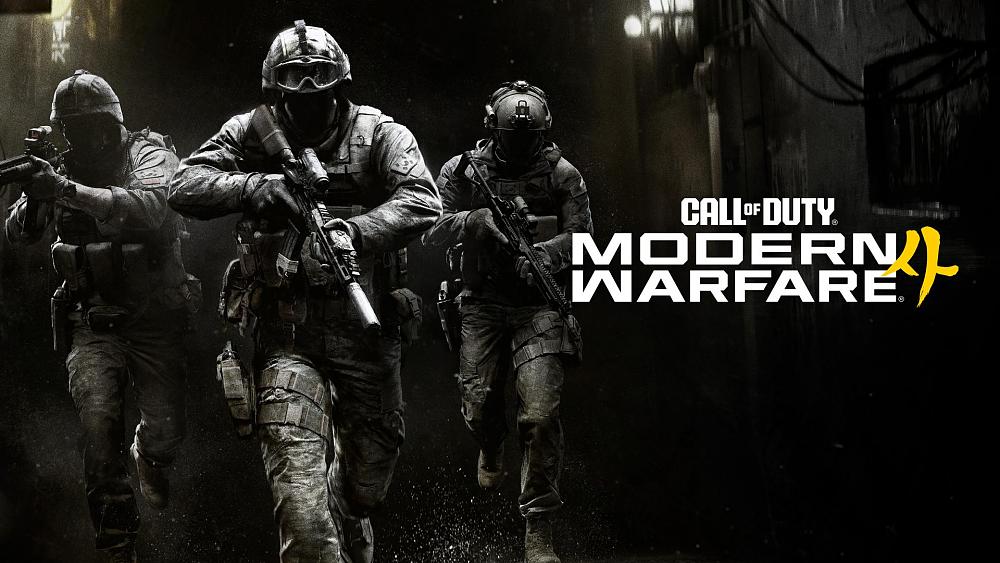 Three modern soldiers in gear with rifles next to the title, Call of Duty: Modern Warfare 4.