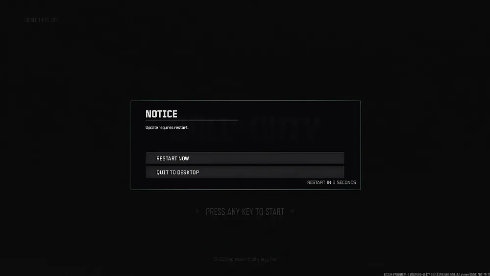 A message in Call of Duty saying 'Update Requires Restart'.