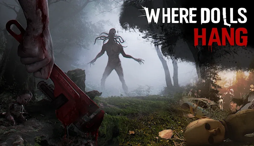 A person holding a bloodied wrench in a doll filled forest as a monster with tentacles coming out of their mouth is in the background.