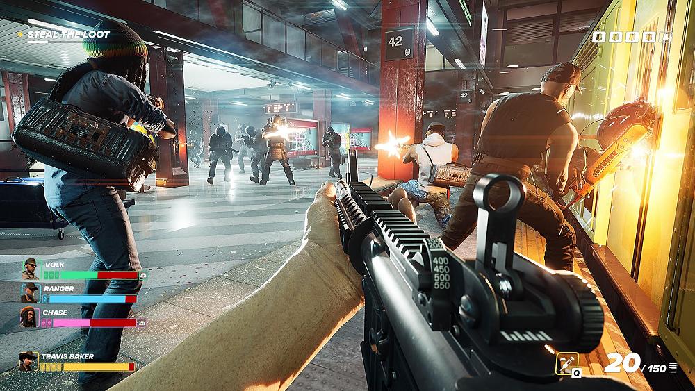 A shootout between robbers and police in a subway station.