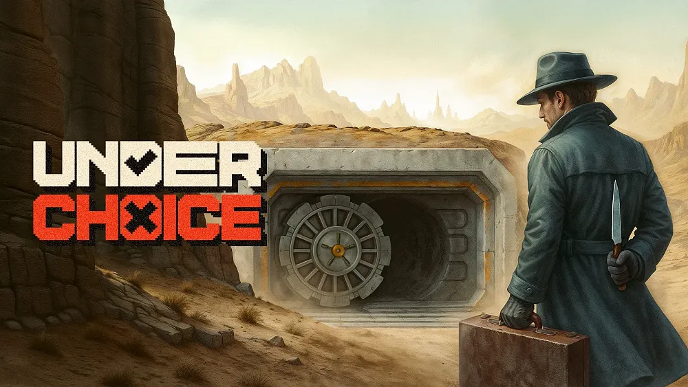Art for Underchoice, depicting a trench-coated figure standing before a large, circular vault door in a desert landscape.