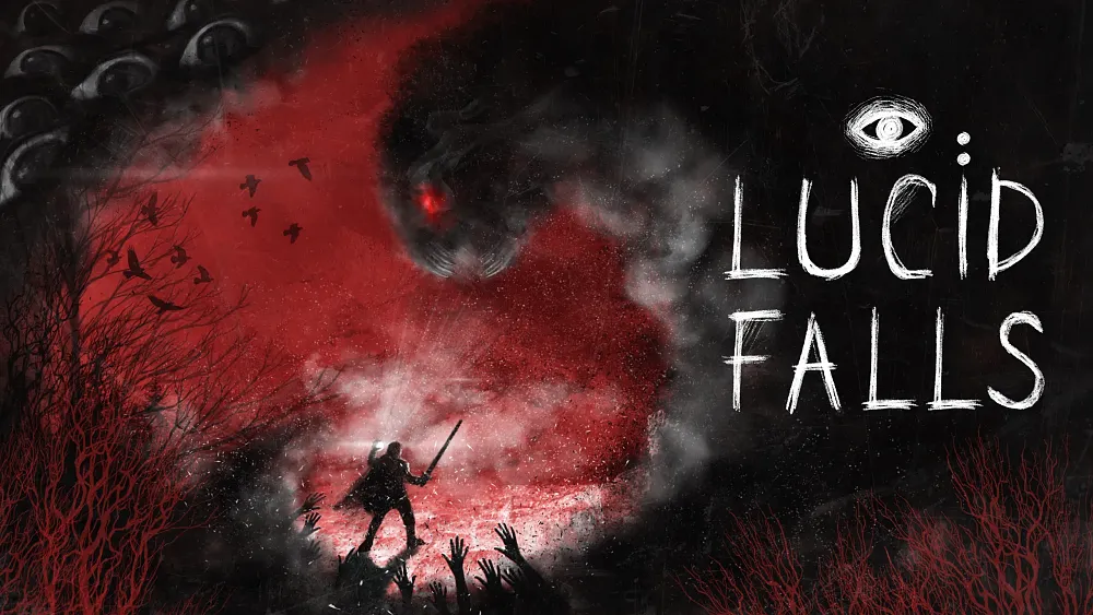A dark, atmospheric landscape depicting a central figure armed with a sword facing a menacing, shadowed entity.
