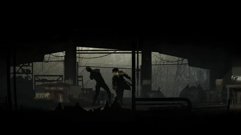 2D side view of a man in business attire attacking a shadowy, armless figure.