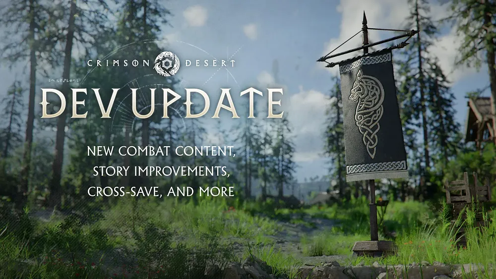 Image announcing new updates coming for Crimson Desert, including new combat content, story improvements, cross-save, and more.