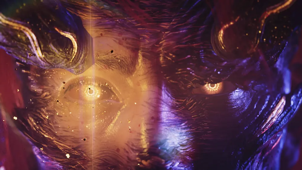 A closeup of a man turning into a demon, specifically an Oni.