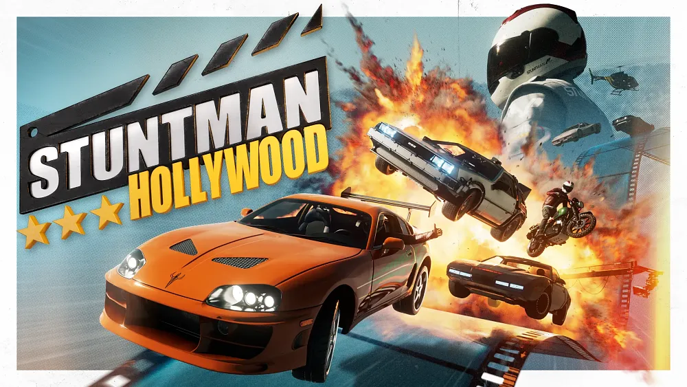 Art for the game Stuntman: Hollywood featuring cars jumping through a fireball and a motorcyclist mid-stunt.