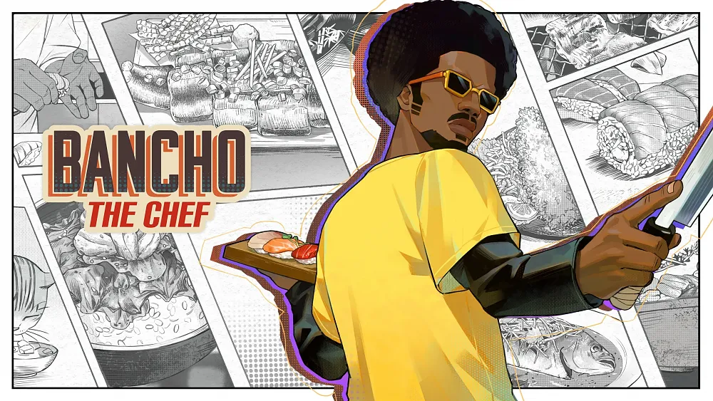 Bancho the Chef key art showing a man with an afro and orange-tinted sunglasses, holding a chef's knife and a tray of sushi against a backdrop of manga-style panels depicting various fish and culinary scenes.