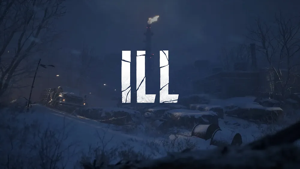 Key art showing the title, ILL, over an image of a snow covered deserted factory at night.
