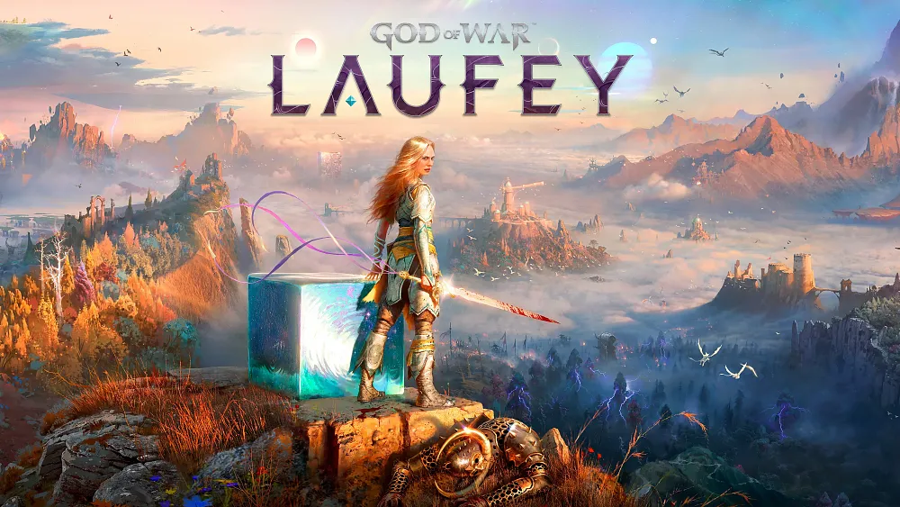 Faye, a giant with flowing golden hair, decked out in armor and holding a sword looking back determined at the viewer as she stands next to a cosmic jelly cube atop a mountain ridge overlooking a vast landscape.