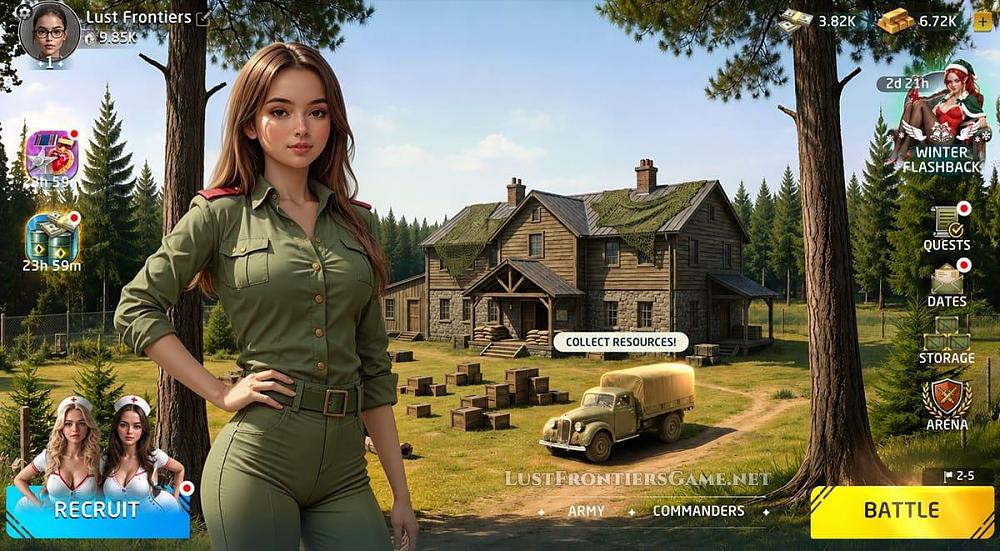 A screenshot from Lust Frontiers, showing a woman soldier in skin tight green army clothing. The user interface suggests recruiting sexy nurses, going to battle, and various player statistics.