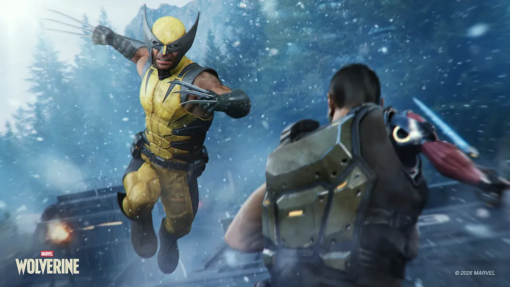 Wolverine leaping with claws extended at a bad guy as they fight in the snow.