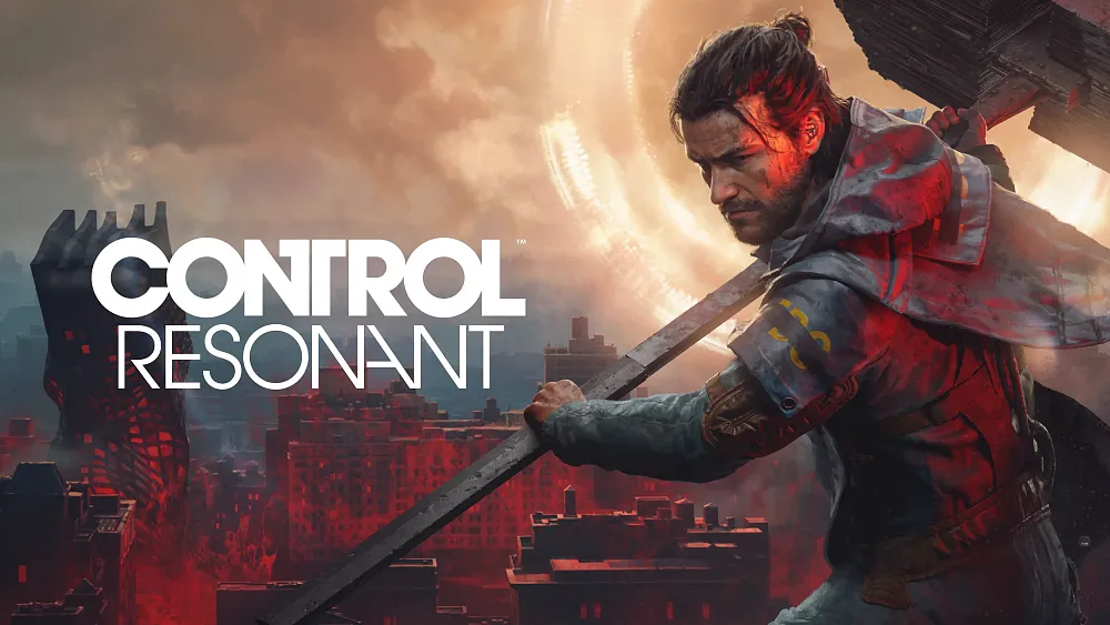 A man holding a giant hammer on the right side of the image set over a backdrop of a reality distorted New York City. The title, Control Resonant, is on shown on the left.