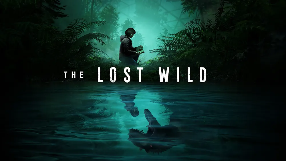 Key art for The Lost Wild showing a girl sitting next to a pond and reading a book. The reflection in the pond shows the girl looking over and showing a dinosaur about to bite her from above.