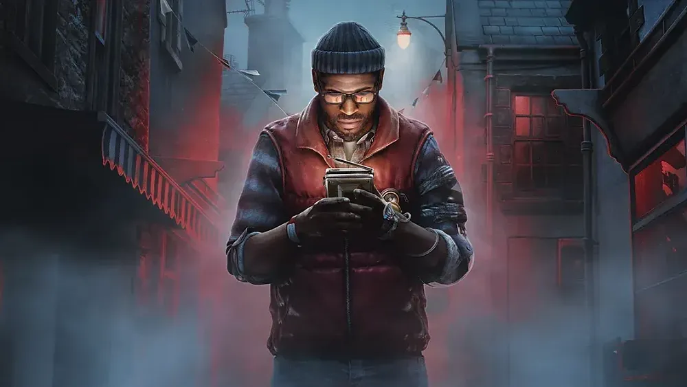 A man walking through the foggy streets of a small town, looking down at the glow coming from a portable CRTV pocket television.
