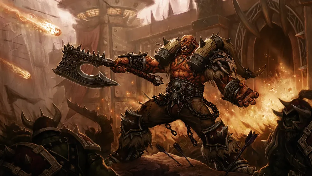 Art for the Siege of Orgrimmar raid in Mists of Pandaria Classic for World of Warcraft Classic depicting an angry orc, Garrosh.