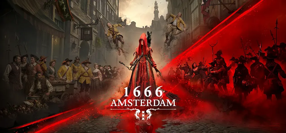 A central figure in a red hooded gown stands amidst a dramatic, split composition of a historical street scene and a shadowed army, with the title "1666 AMSTERDAM" displayed at the center.