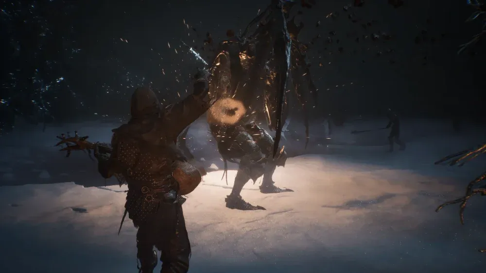 A bard character attacking a long armed, long legged creature in Mortal Shell 2.