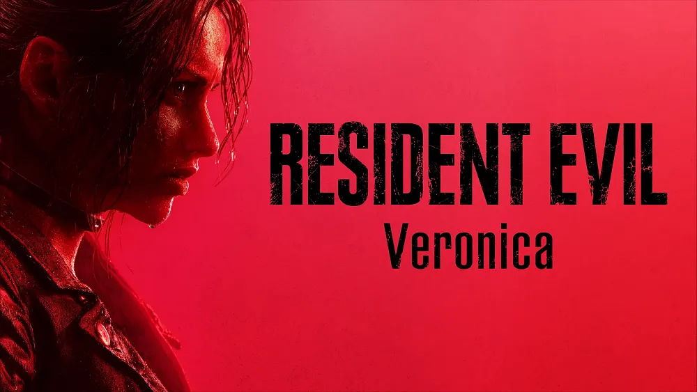 Claire Redfield on the left, apparently drenched in sweat. On the right over a bright red background is the title, Resident Evil Veronica.