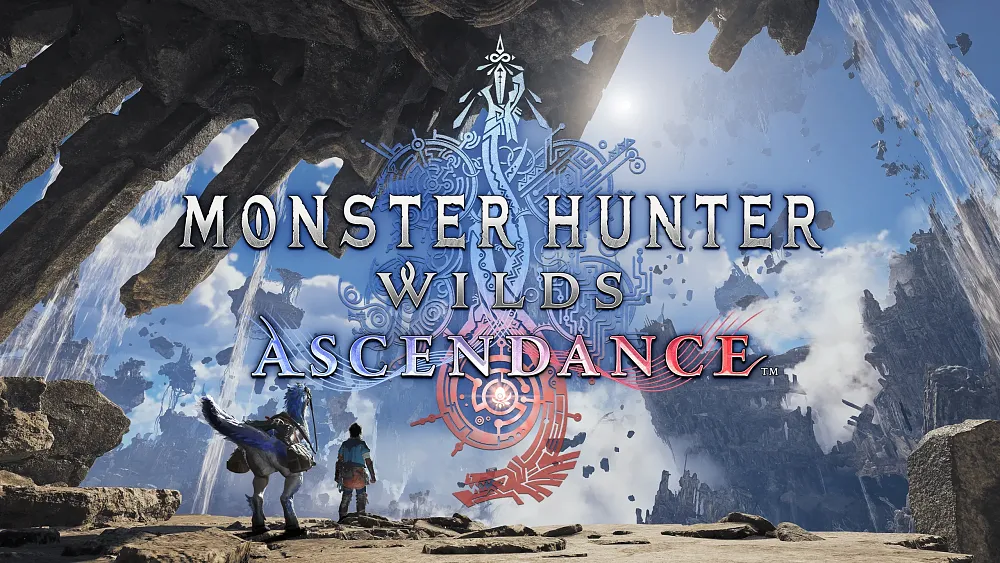 A hunter and a big, rideable bird looking up at sky islands. The text, Monster Hunter Wilds: Ascendance, is shown over the entire image.