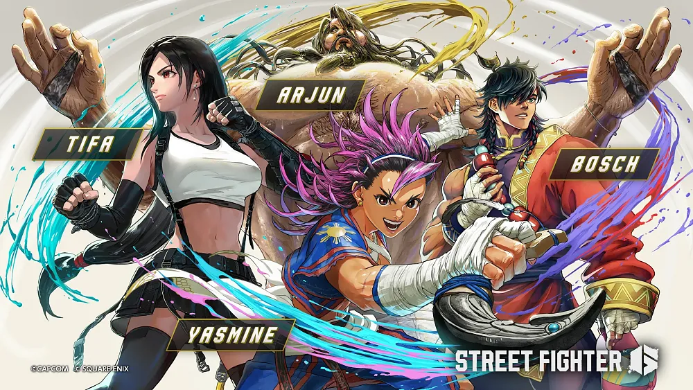 Colorful artwork depicting four characters coming to Street Fighter 6 including Tifa, Arjun, Yasmine, and Bosch.