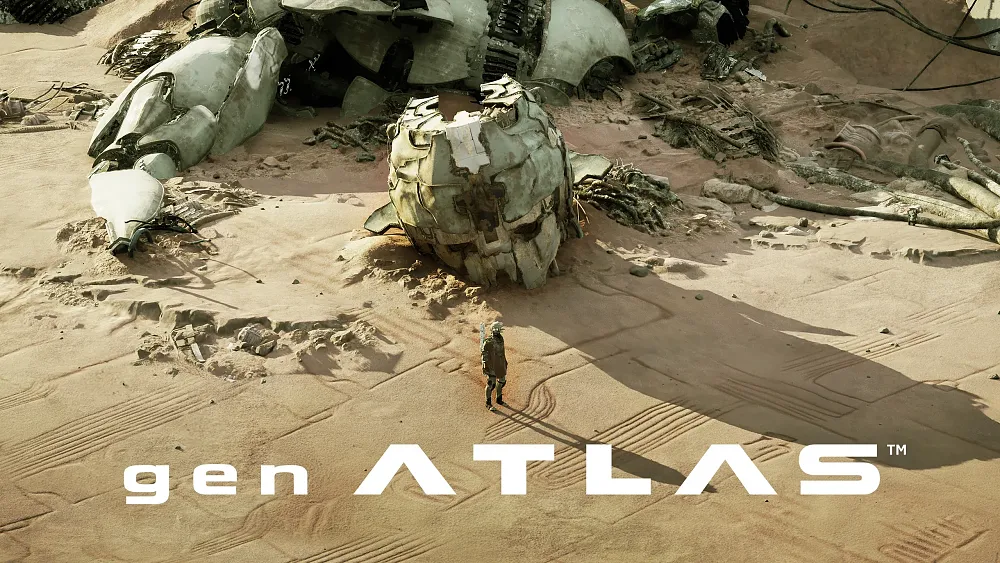 A person standing next to a giant robot head in the desert. The title, gen ATLAS, is also displayed.