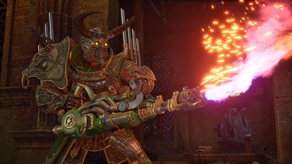 A steampunk style soldier blasting a flamethrower.