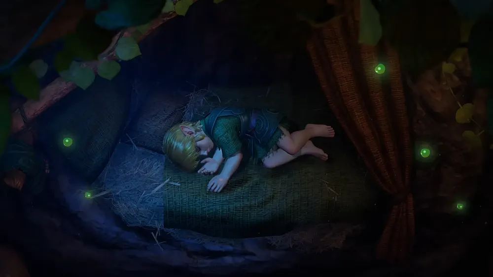 Link sleeping as depicted in the remake of The Legend of Zelda: Ocarina of Time.
