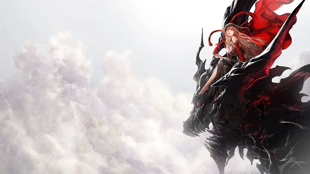 Art showing a woman with a flowing red cape sitting atop the head of an angry dragon or demon.