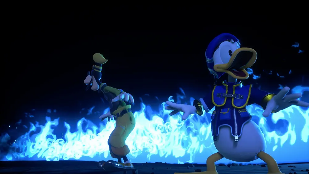 Donald and Goofy freaking out while surrounded by blue flames.
