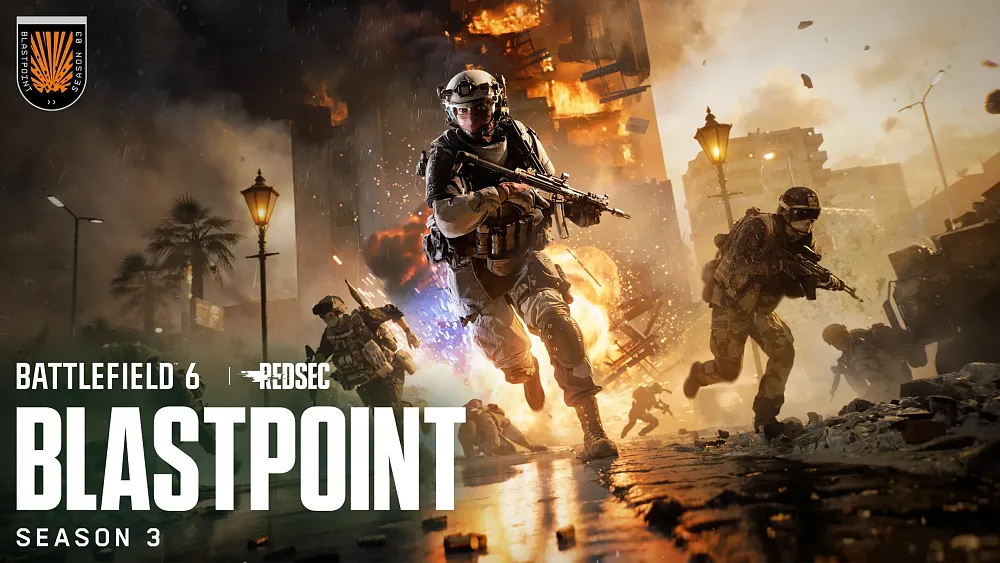 Promotional key art for the Blastpoint update for Battlefield 6 showing soldiers engaged in battle.