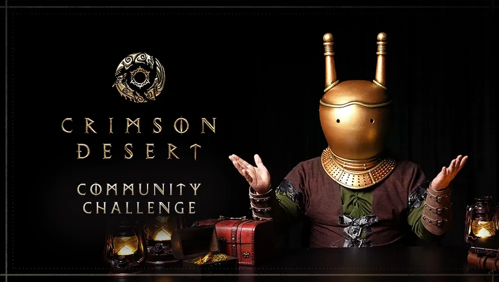 Art showing someone wearing a weird helmet from Crimson Desert promoting the Crimson Desert Community Challenge contest.