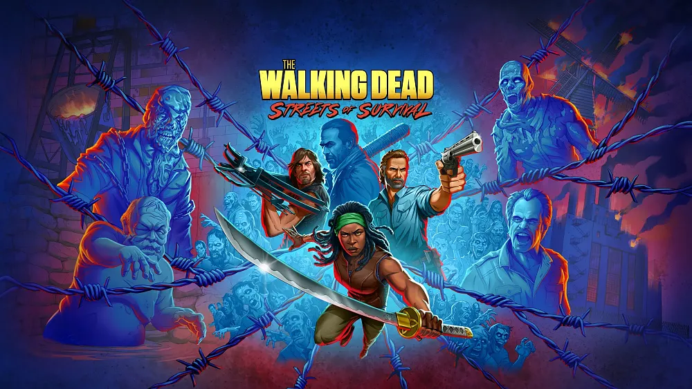 Key art showing pixel art style characters from The Walking Dead.