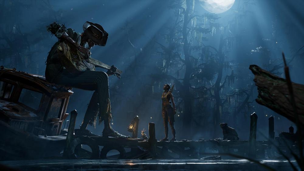 A character from South of Midnight looking up at a giant other character wearing a hat and playing a guitar in a swamp or bayou at night.