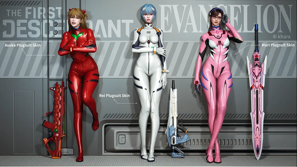 Three characters from The First Descendant dressed in outfits from the anime Evangelion.