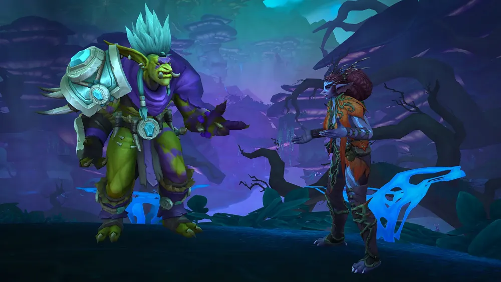 A green troll from World of Warcraft talking to some blue-purple thin character race.