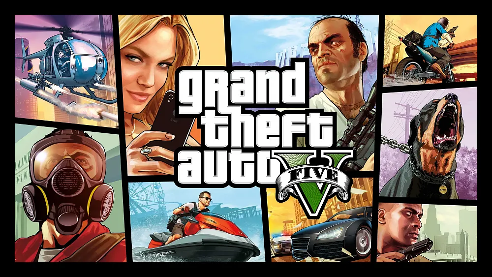 The art for Grand Theft Auto 5 showing characters, vehicles, and locations from the game.