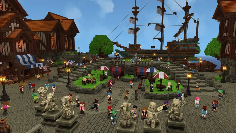 Image of a bunch of players in a city center in the Hypixel server in Hytale.