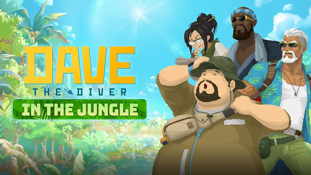 Art with the title and pixel art designs for characters from Dave the Diver.